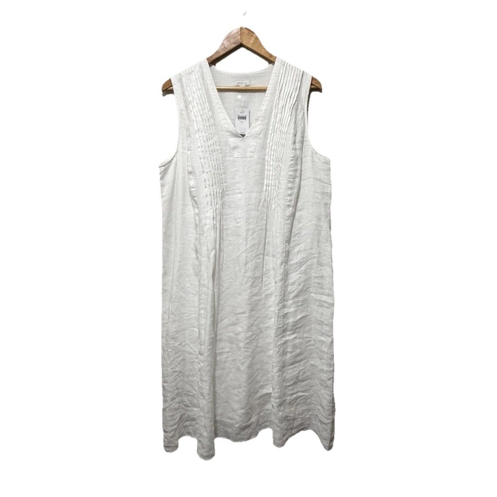 J.Jill Pure Jill White Linen Dress L Sleeveless Pintuck V Neck NWT